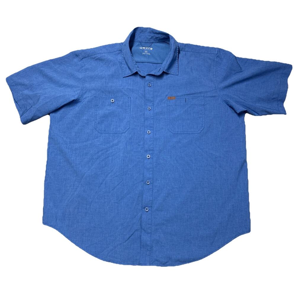 Orvis Blue Short Sleeve Shirt Men Size Large Button Up Stretchy Lightweight